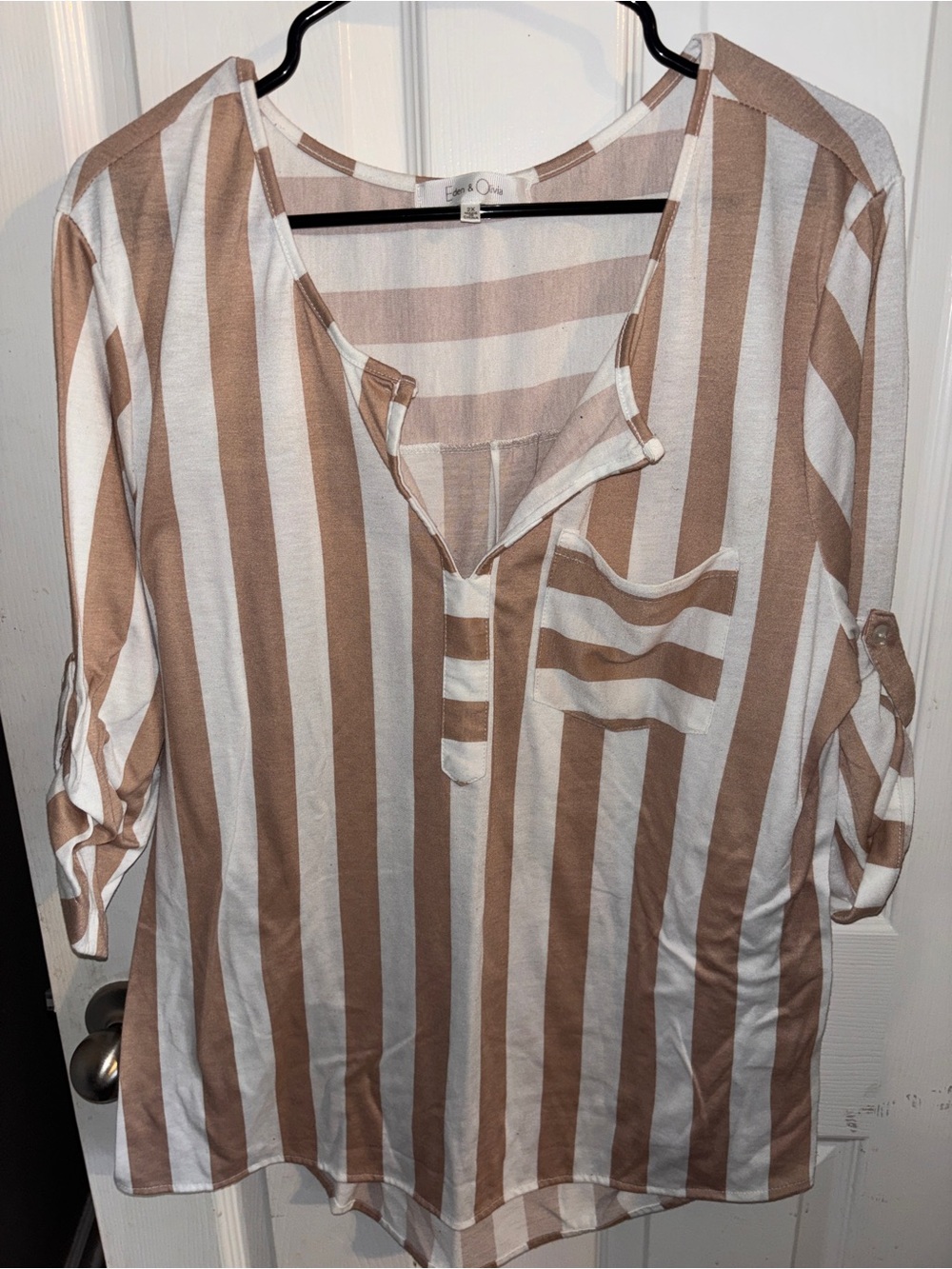 Eden & Olivia Tan and White Vertical Stripe Tunic